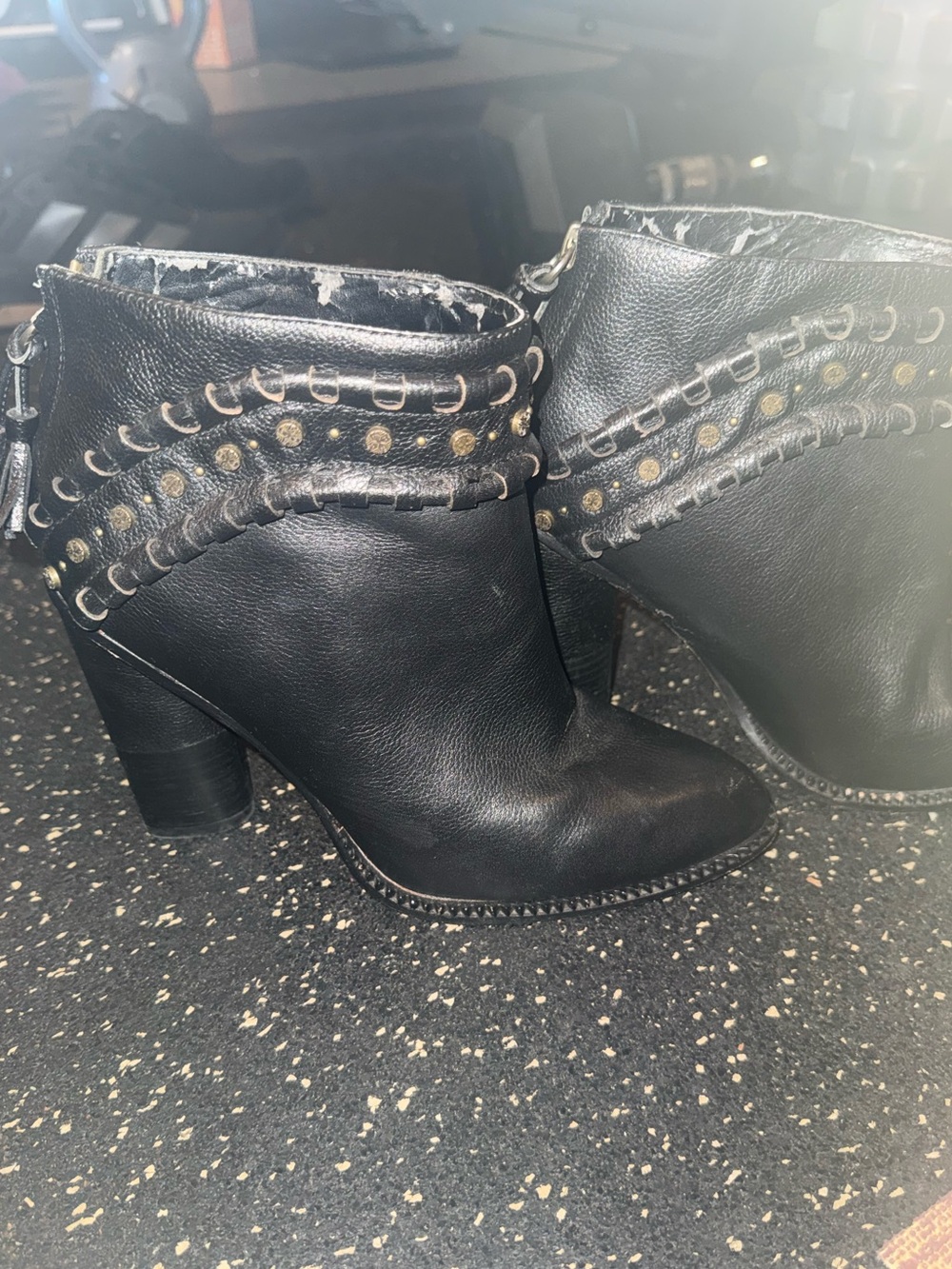Cynthia Vincent black leather studded whipstich ankle boots
